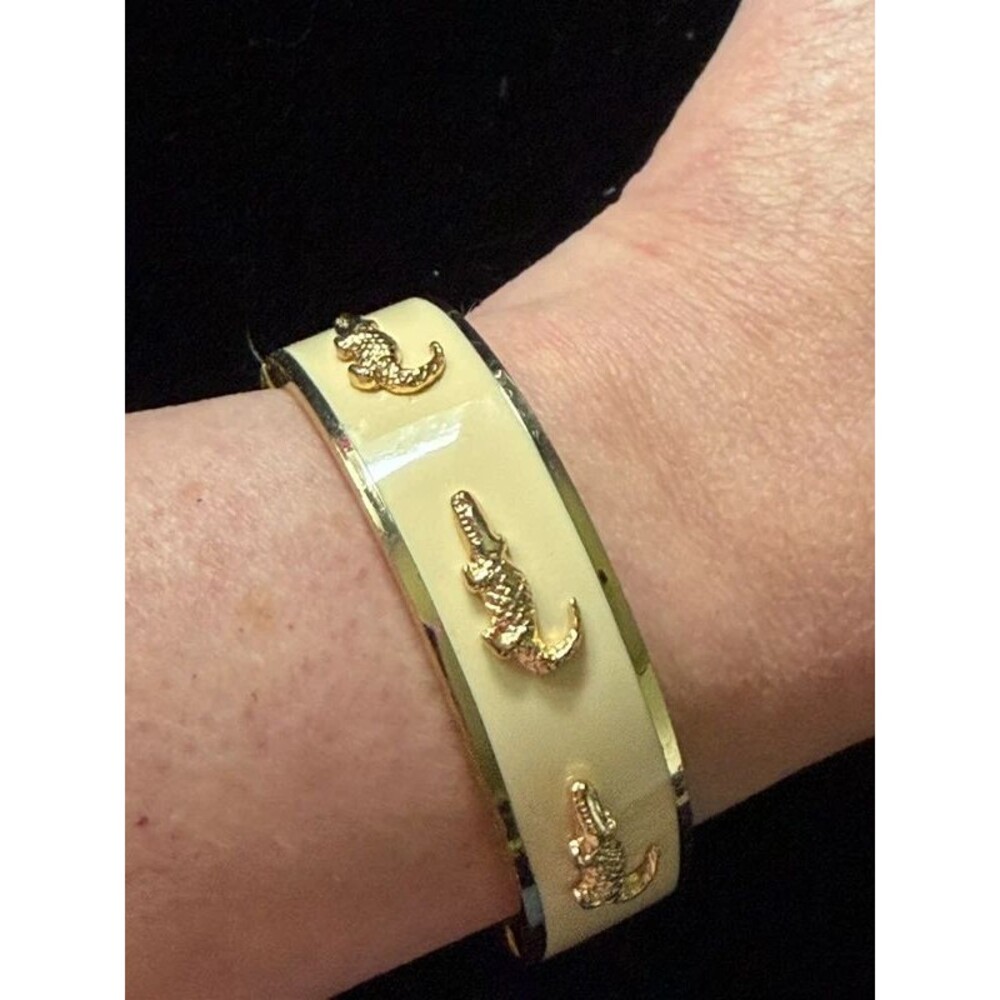 Gold-Tone Alligator Enamel Hinged Bangle Bracelet